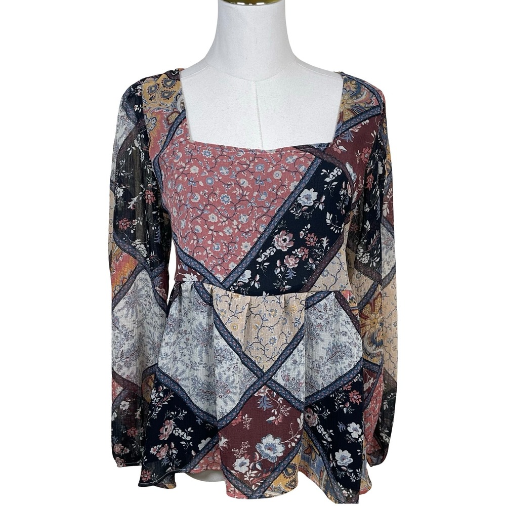 American Eagle Patchwork‎ Floral Peplum Top Womens M Boho Square Neck Tie Back